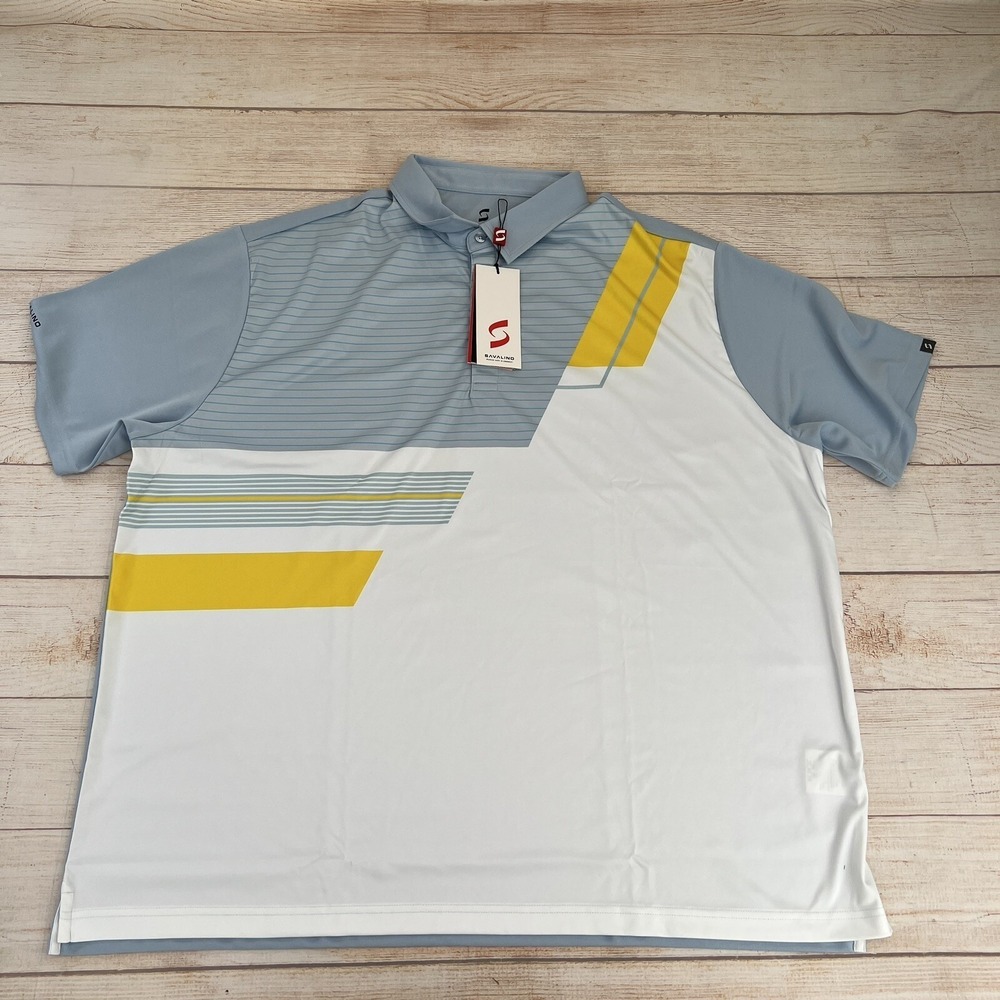 SAVALINO Men Tennis Short Sleeve White-Blue Polo Shirt Sublimation Print Sz 3XL